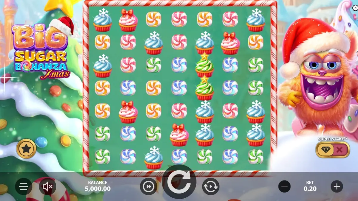Tela de jogo do slot Big Sugar Bonanza Xmas com monstros e doces